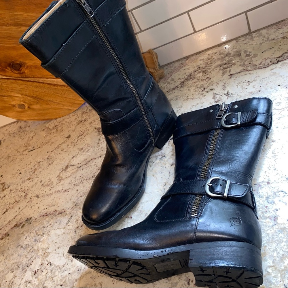 Born Black Leather Mid-Calf Ankle Moto Boots with Buckles 7.5 EUC